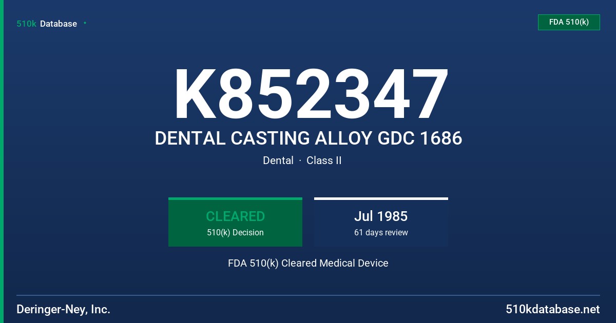 K852347 DENTAL CASTING ALLOY GDC 1686 FDA 510(k) Cleared Medical Device