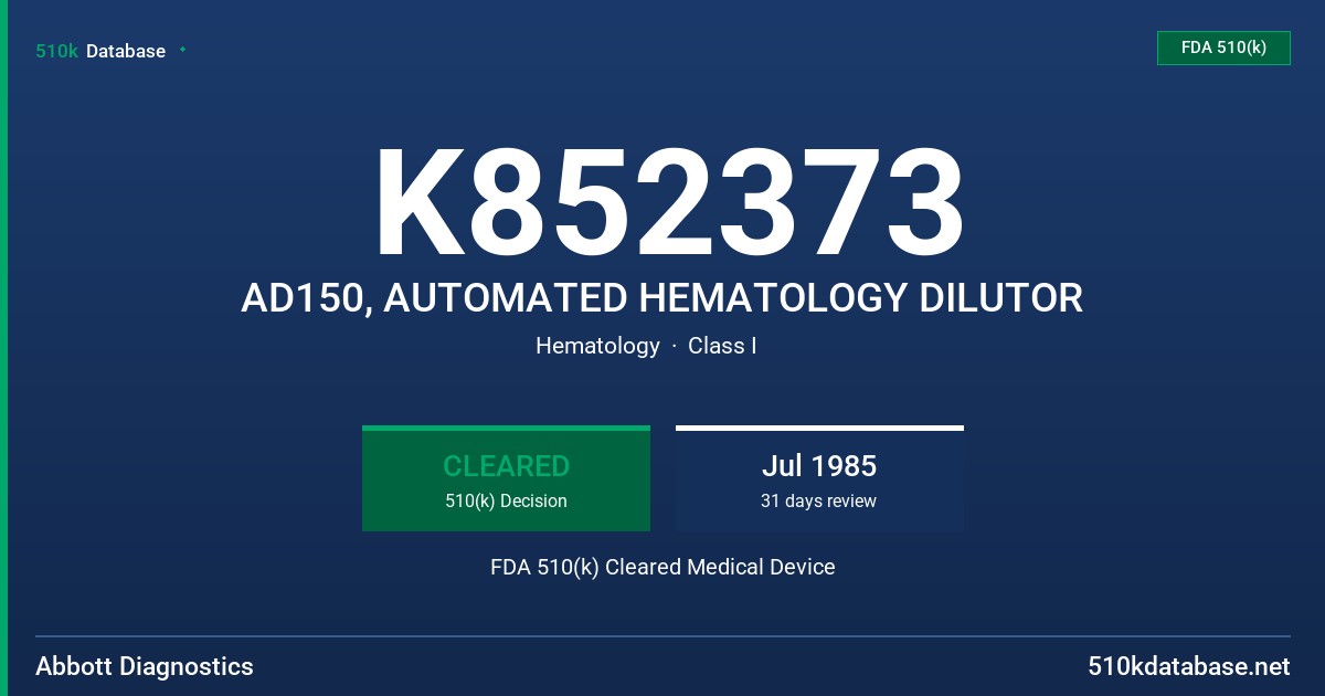 K852373 AD150, AUTOMATED HEMATOLOGY DILUTOR FDA 510(k) Cleared Medical Device