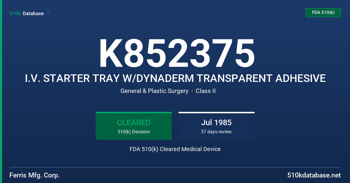 K852375 I.V. STARTER TRAY W/DYNADERM TRANSPARENT ADHESIVE FDA 510(k) Cleared Medical Device
