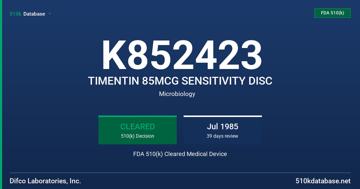 K852423 TIMENTIN 85MCG SENSITIVITY DISC FDA 510(k) Cleared Medical Device
