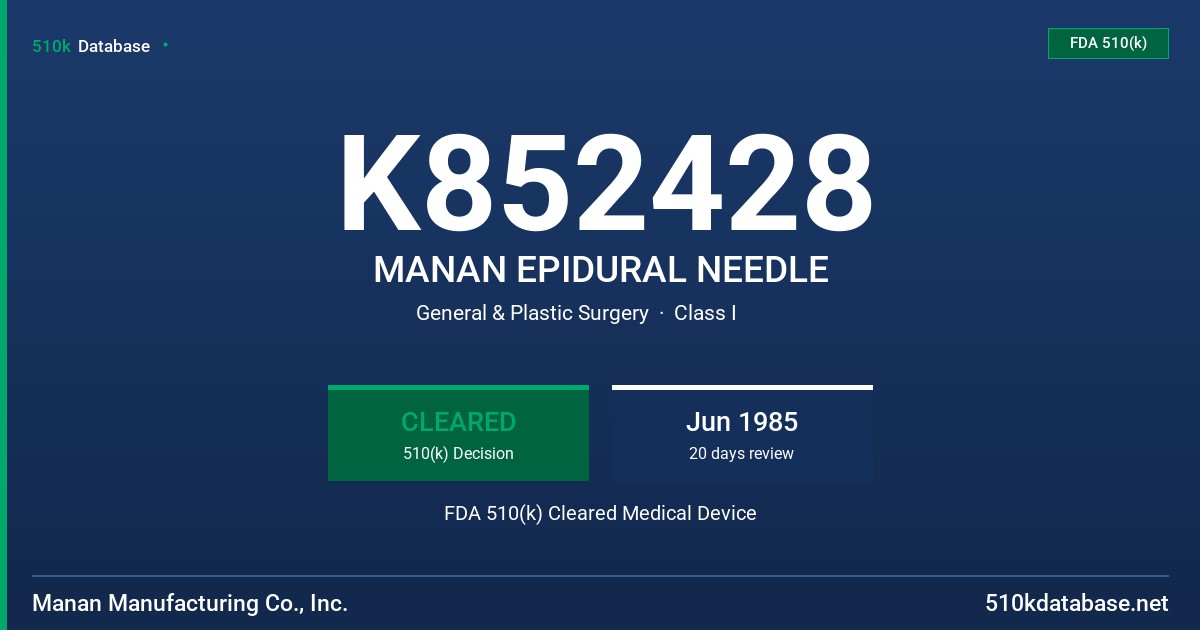 K852428 MANAN EPIDURAL NEEDLE FDA 510(k) Cleared Medical Device