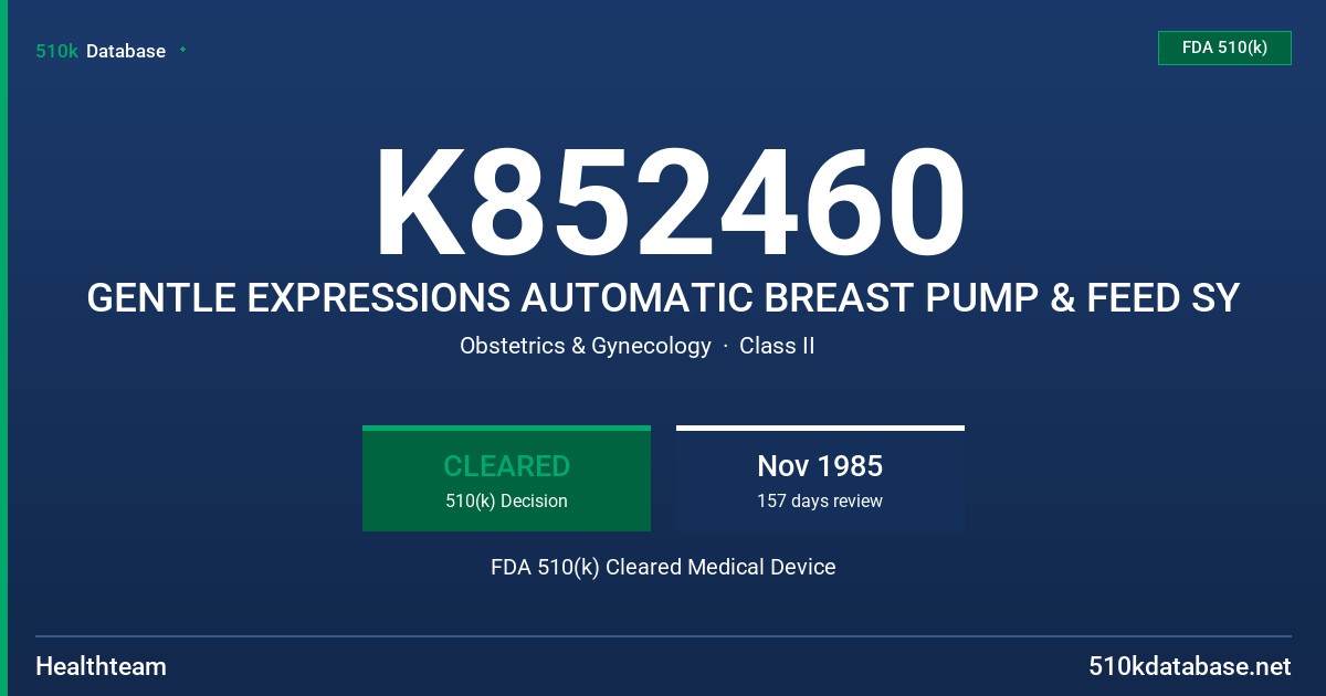 K852460 GENTLE EXPRESSIONS AUTOMATIC BREAST PUMP & FEED SY FDA 510(k) Cleared Medical Device