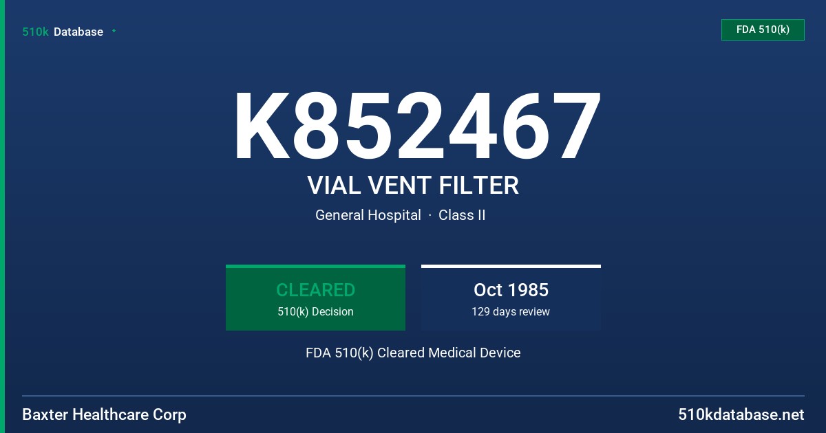 K852467 VIAL VENT FILTER FDA 510(k) Cleared Medical Device