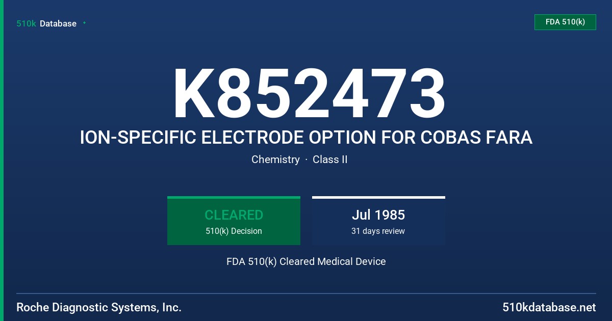 K852473 ION-SPECIFIC ELECTRODE OPTION FOR COBAS FARA FDA 510(k) Cleared Medical Device
