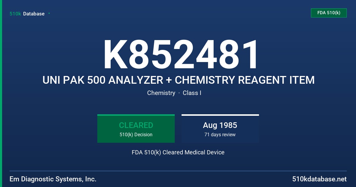 K852481 UNI PAK 500 ANALYZER + CHEMISTRY REAGENT ITEM FDA 510(k) Cleared Medical Device