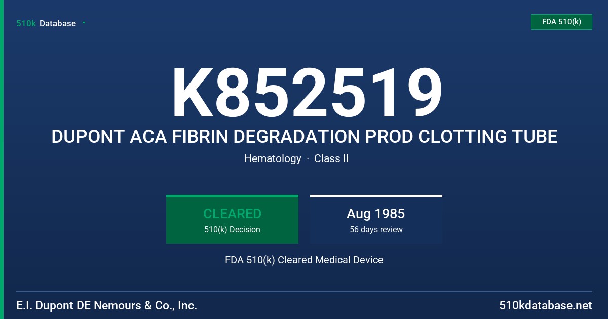 K852519 DUPONT ACA FIBRIN DEGRADATION PROD CLOTTING TUBE FDA 510(k) Cleared Medical Device