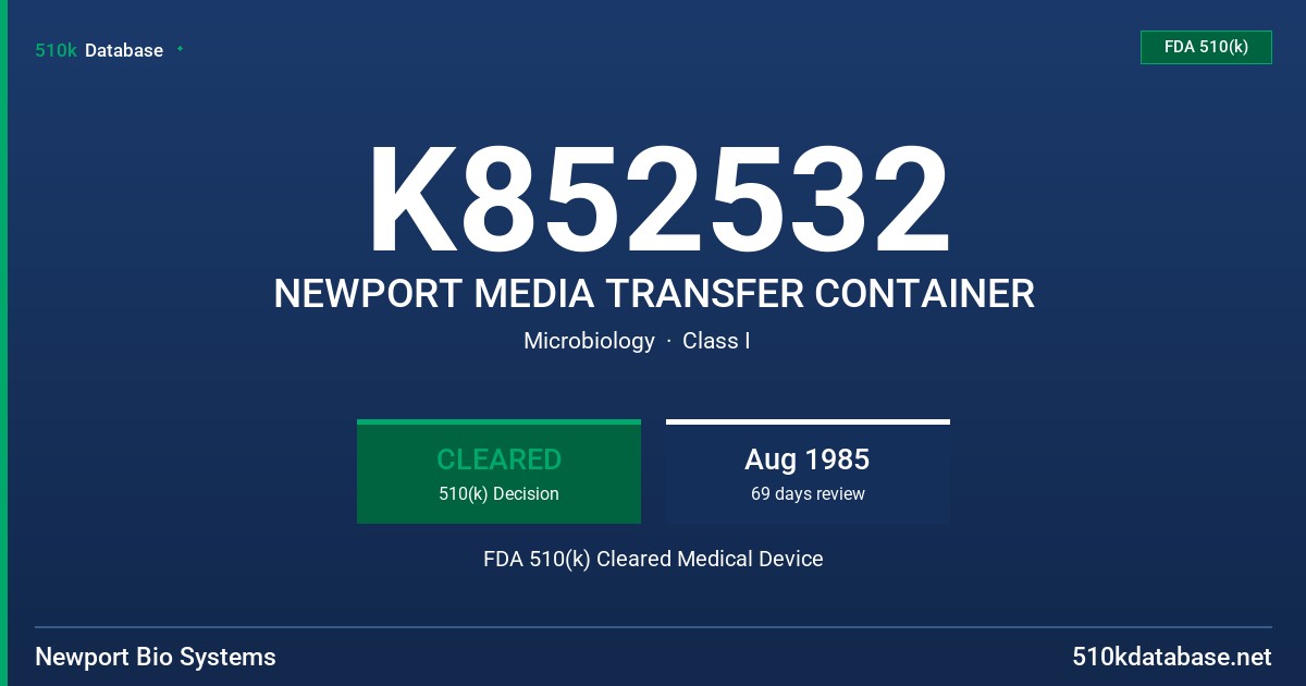 K852532 NEWPORT MEDIA TRANSFER CONTAINER FDA 510(k) Cleared Medical Device