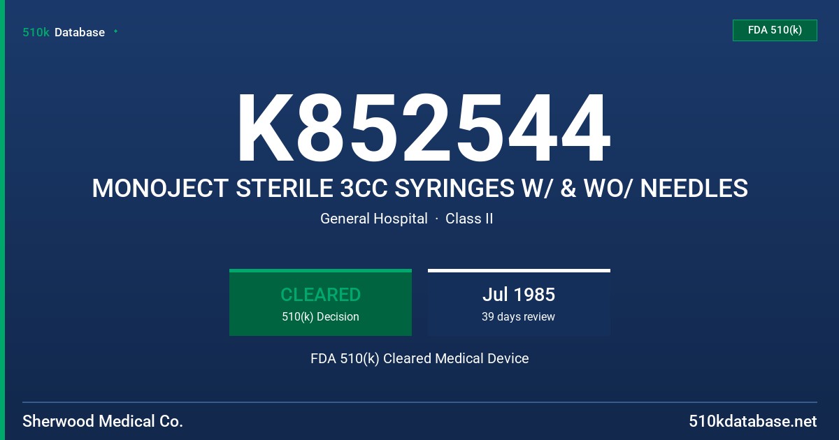 K852544 MONOJECT STERILE 3CC SYRINGES W/ & WO/ NEEDLES FDA 510(k) Cleared Medical Device