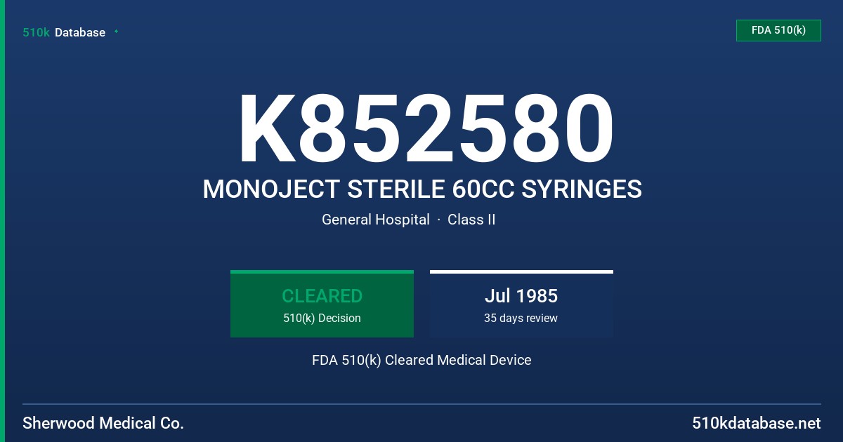 K852580 MONOJECT STERILE 60CC SYRINGES FDA 510(k) Cleared Medical Device