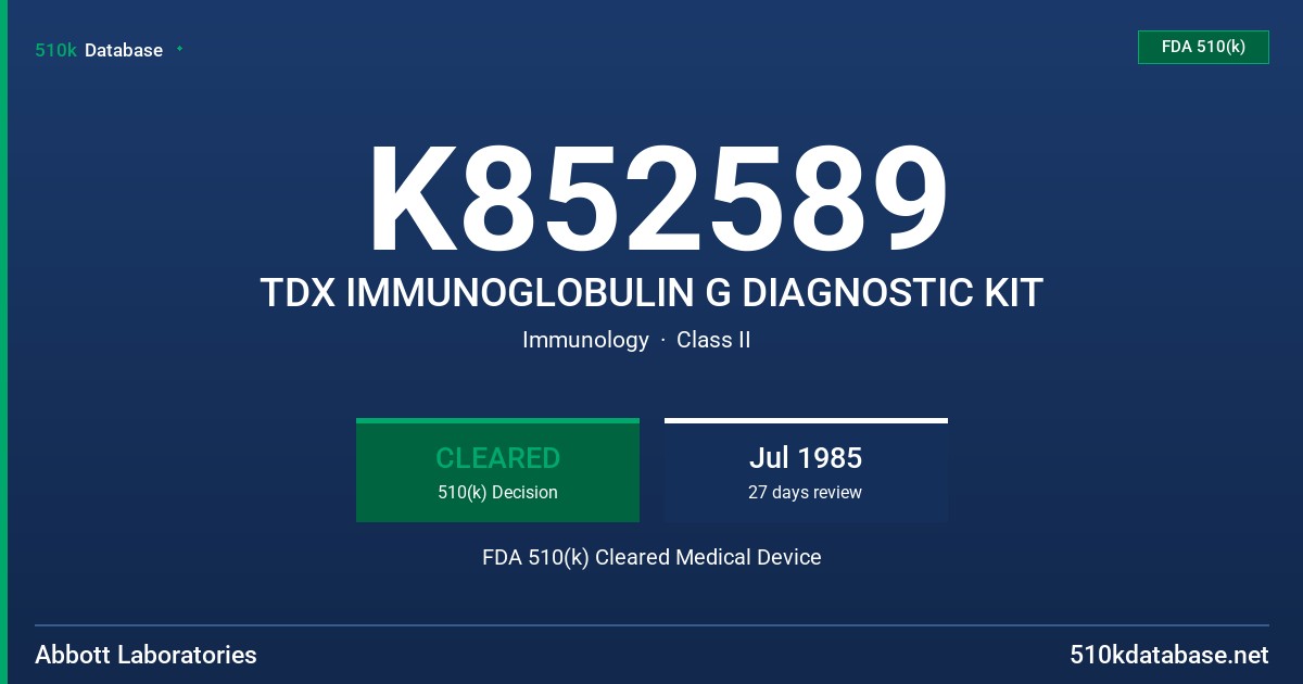 K852589 TDX IMMUNOGLOBULIN G DIAGNOSTIC KIT FDA 510(k) Cleared Medical Device