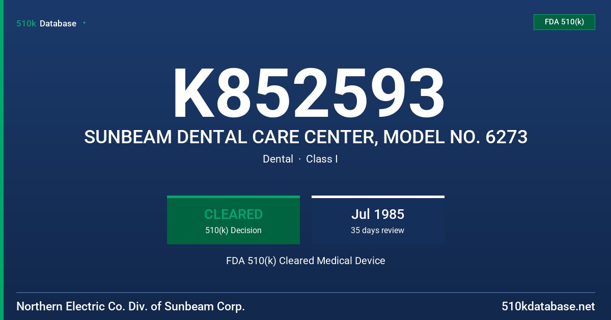 K852593 SUNBEAM DENTAL CARE CENTER, MODEL NO. 6273 FDA 510(k) Cleared Medical Device