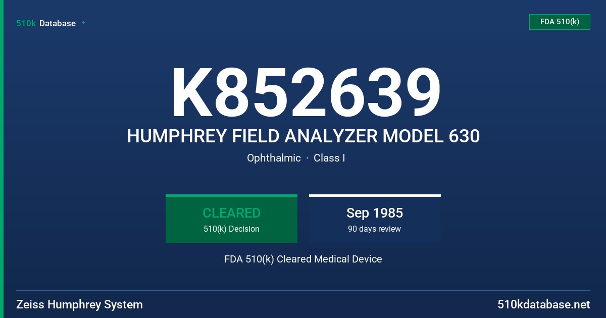 K852639 HUMPHREY FIELD ANALYZER MODEL 630 FDA 510(k) Cleared Medical Device