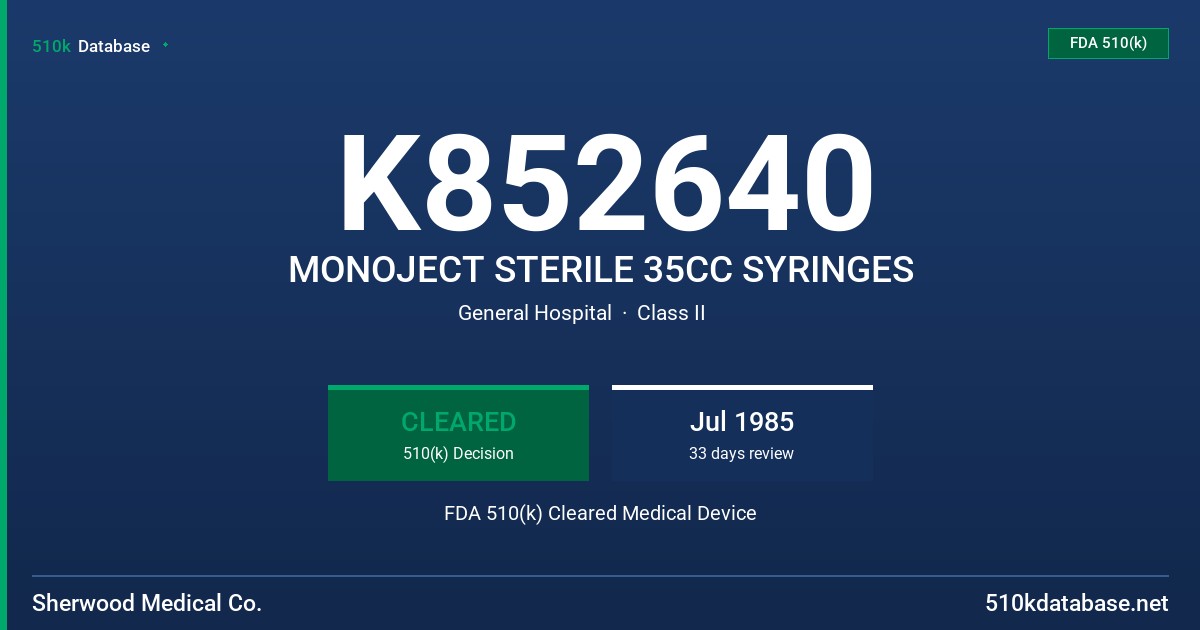 K852640 MONOJECT STERILE 35CC SYRINGES FDA 510(k) Cleared Medical Device