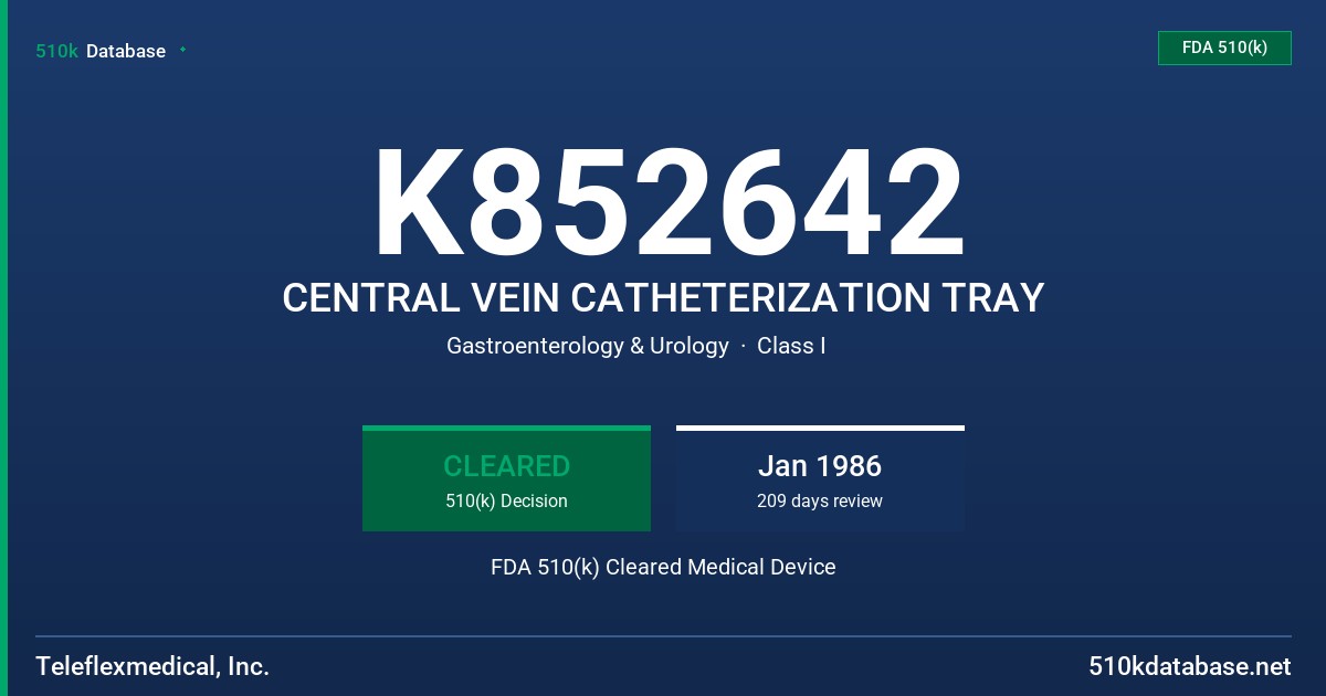 K852642 CENTRAL VEIN CATHETERIZATION TRAY FDA 510(k) Cleared Medical Device