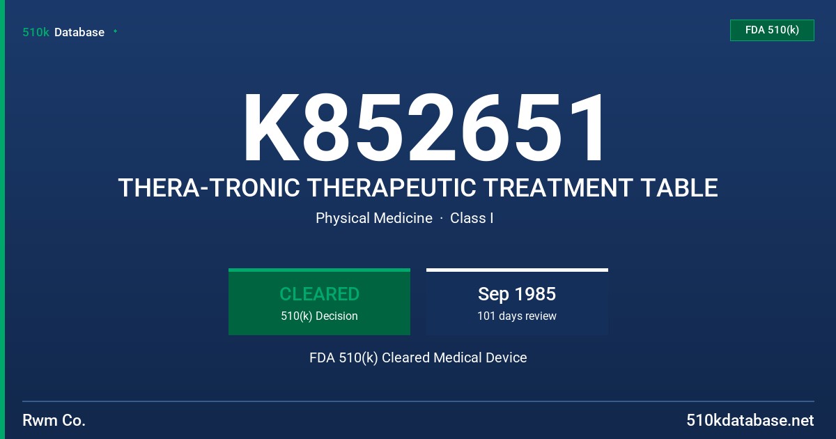 K852651 THERA-TRONIC THERAPEUTIC TREATMENT TABLE FDA 510(k) Cleared Medical Device