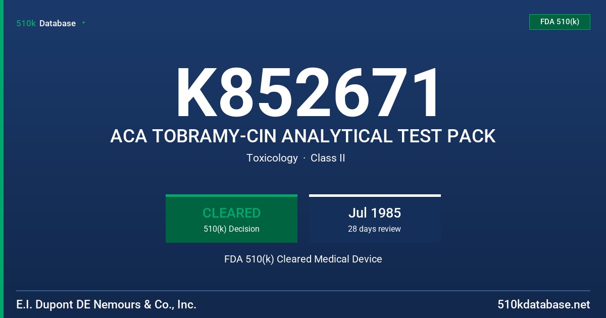 K852671 ACA TOBRAMY-CIN ANALYTICAL TEST PACK FDA 510(k) Cleared Medical Device