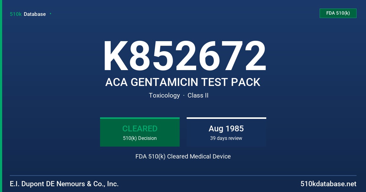 K852672 ACA GENTAMICIN TEST PACK FDA 510(k) Cleared Medical Device