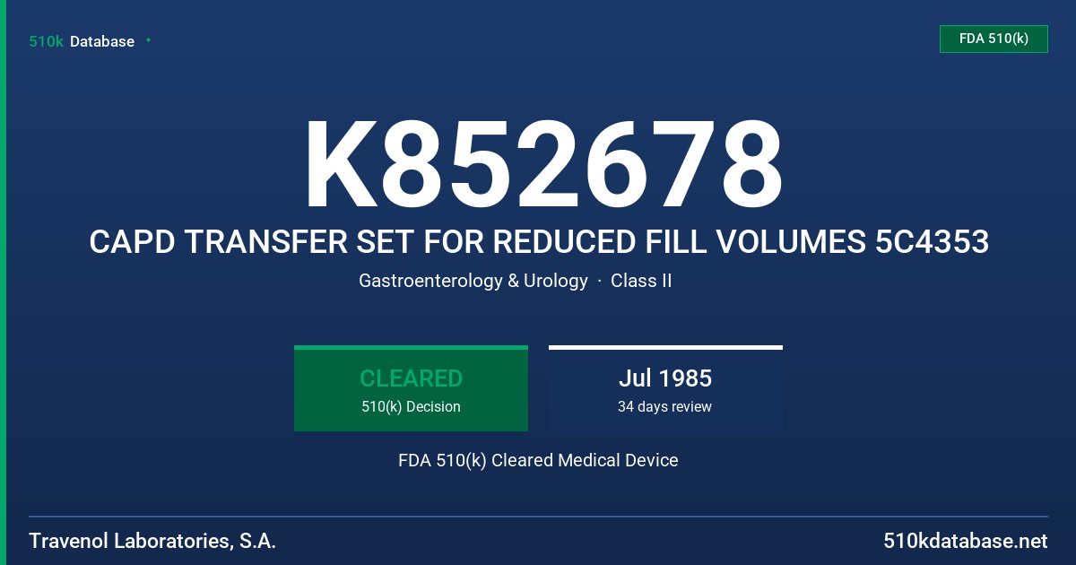 K852678 CAPD TRANSFER SET FOR REDUCED FILL VOLUMES 5C4353 FDA 510(k) Cleared Medical Device