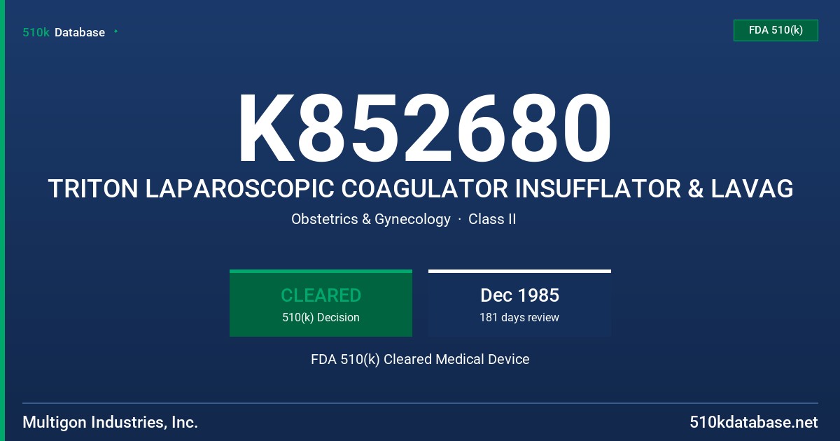 K852680 TRITON LAPAROSCOPIC COAGULATOR INSUFFLATOR & LAVAG FDA 510(k) Cleared Medical Device