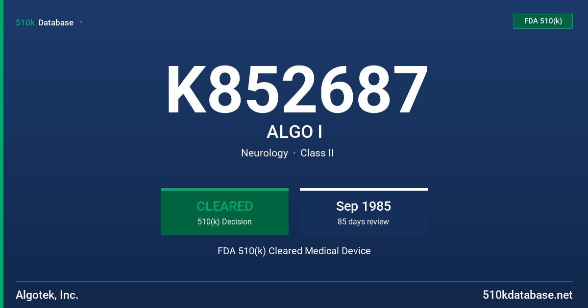 K852687 ALGO I FDA 510(k) Cleared Medical Device