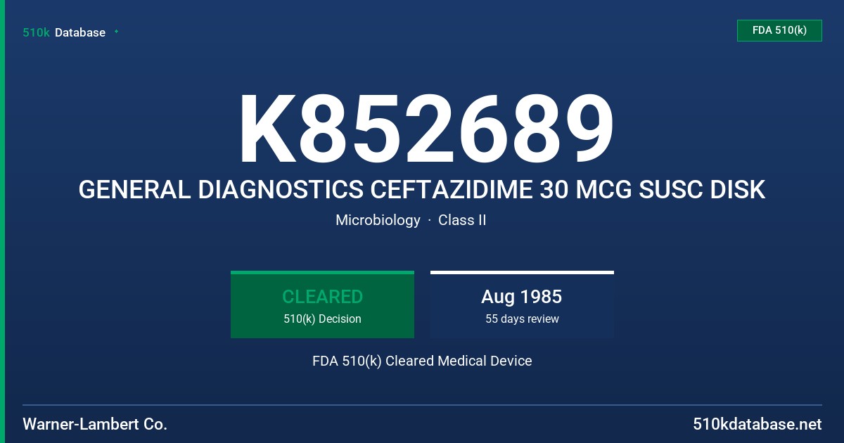 K852689 GENERAL DIAGNOSTICS CEFTAZIDIME 30 MCG SUSC DISK FDA 510(k) Cleared Medical Device