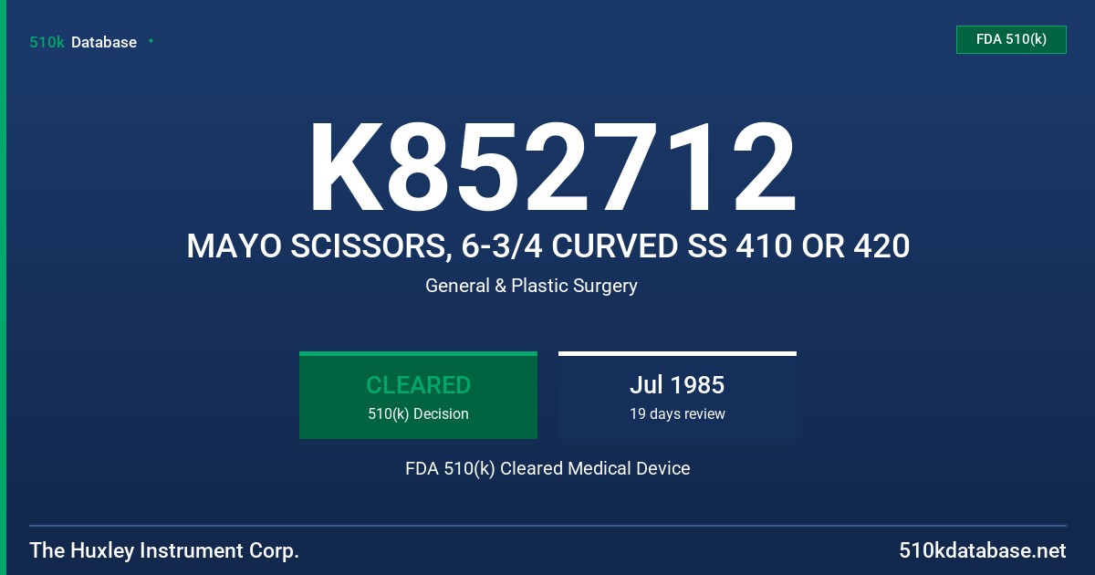 K852712 MAYO SCISSORS, 6-3/4 CURVED SS 410 OR 420 FDA 510(k) Cleared Medical Device