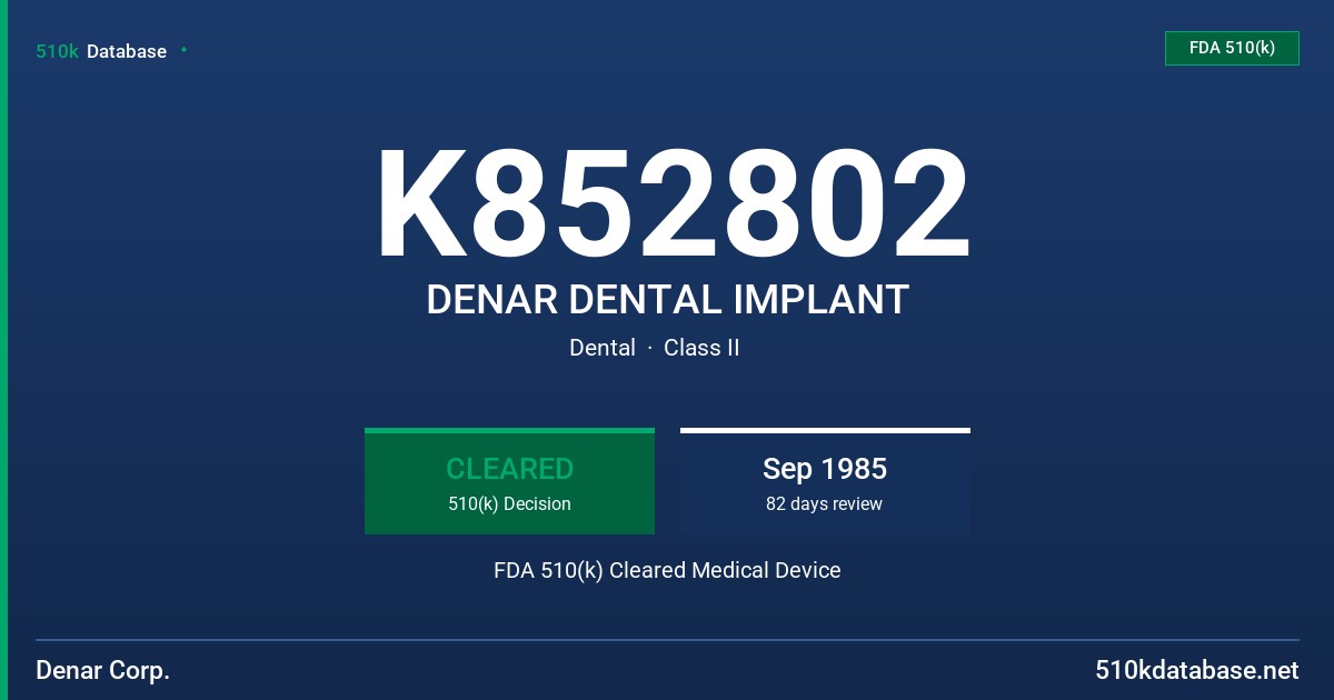 K852802 DENAR DENTAL IMPLANT FDA 510(k) Cleared Medical Device