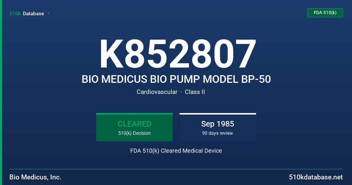 K852807 BIO MEDICUS BIO PUMP MODEL BP-50 FDA 510(k) Cleared Medical Device