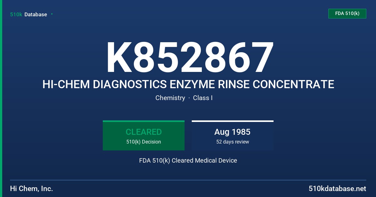 K852867 HI-CHEM DIAGNOSTICS ENZYME RINSE CONCENTRATE FDA 510(k) Cleared Medical Device