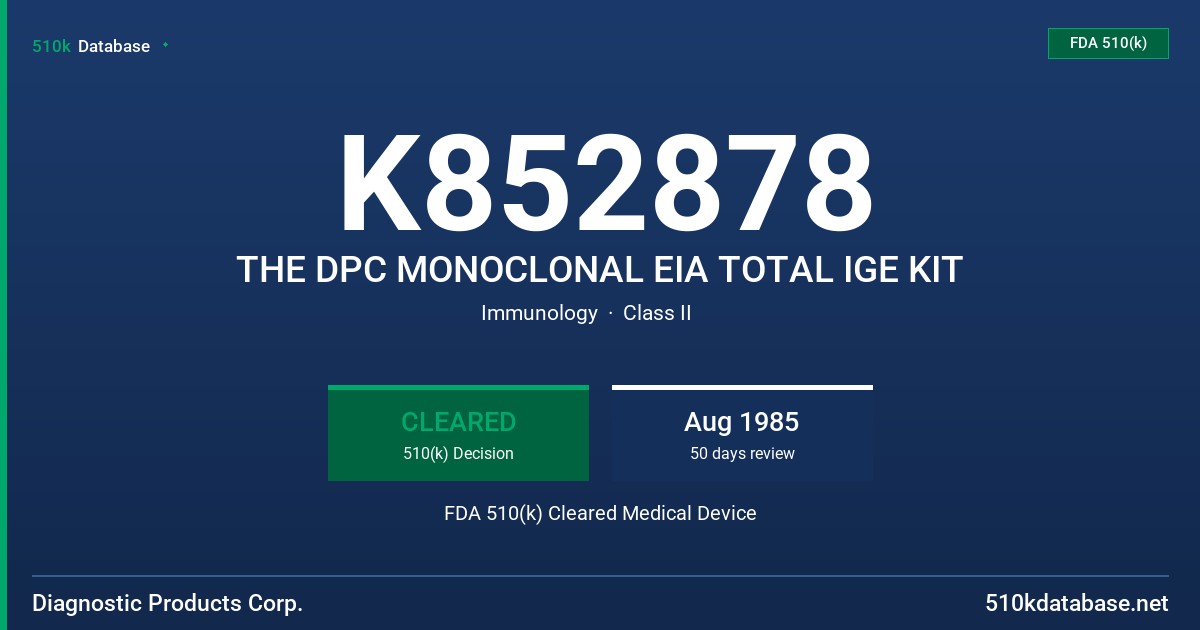 K852878 THE DPC MONOCLONAL EIA TOTAL IGE KIT FDA 510(k) Cleared Medical Device