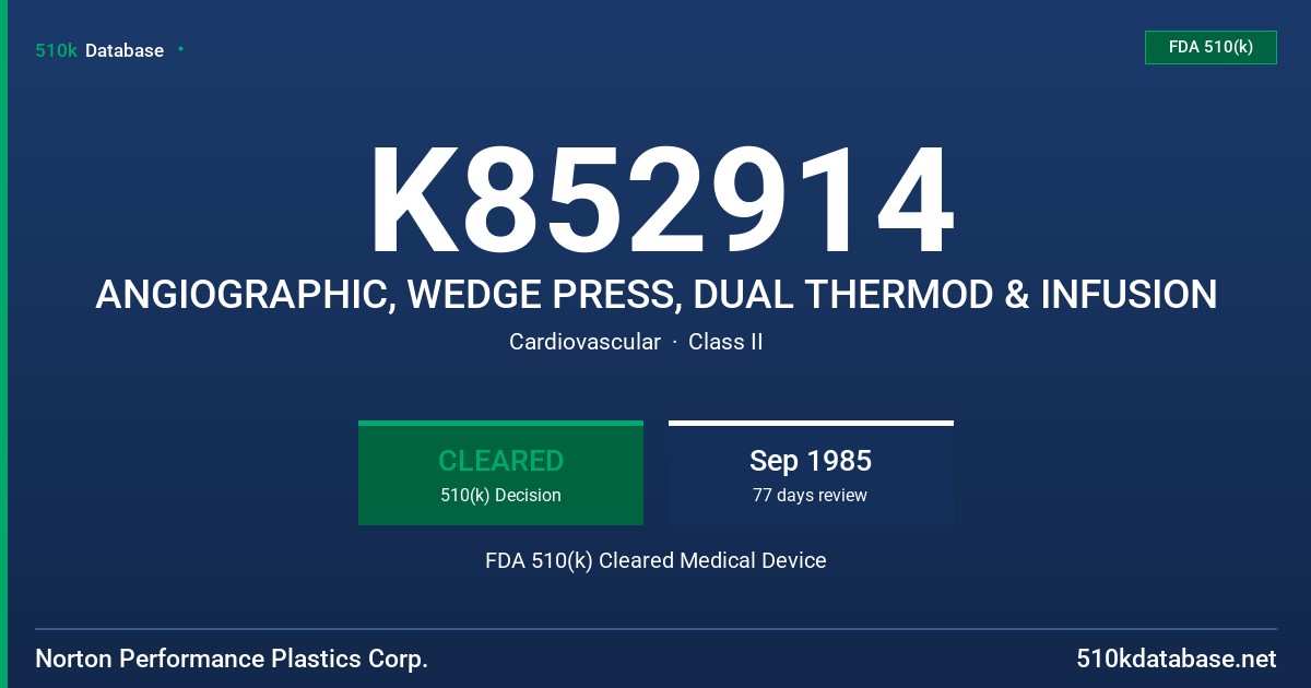 K852914 ANGIOGRAPHIC, WEDGE PRESS, DUAL THERMOD & INFUSION FDA 510(k) Cleared Medical Device