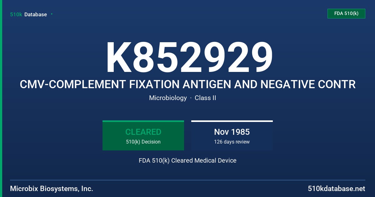 K852929 CMV-COMPLEMENT FIXATION ANTIGEN AND NEGATIVE CONTR FDA 510(k) Cleared Medical Device