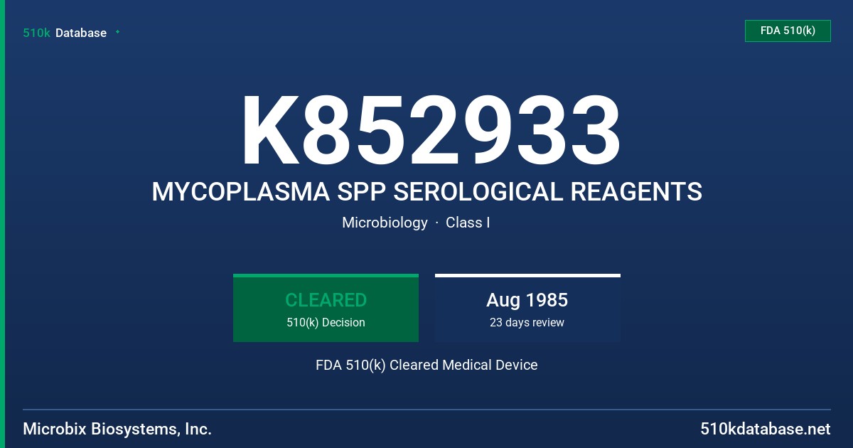 K852933 MYCOPLASMA SPP SEROLOGICAL REAGENTS FDA 510(k) Cleared Medical Device