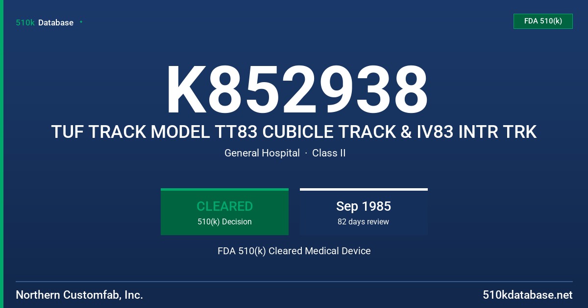 K852938 TUF TRACK MODEL TT83 CUBICLE TRACK & IV83 INTR TRK FDA 510(k) Cleared Medical Device