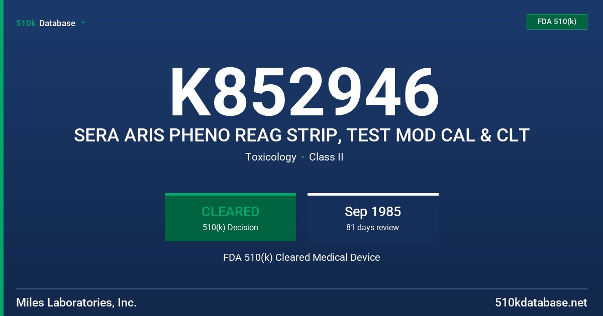 K852946 SERA ARIS PHENO REAG STRIP, TEST MOD CAL & CLT FDA 510(k) Cleared Medical Device