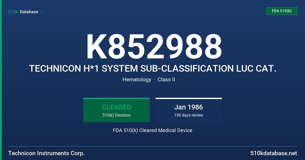 K852988 TECHNICON H*1 SYSTEM SUB-CLASSIFICATION LUC CAT. FDA 510(k) Cleared Medical Device