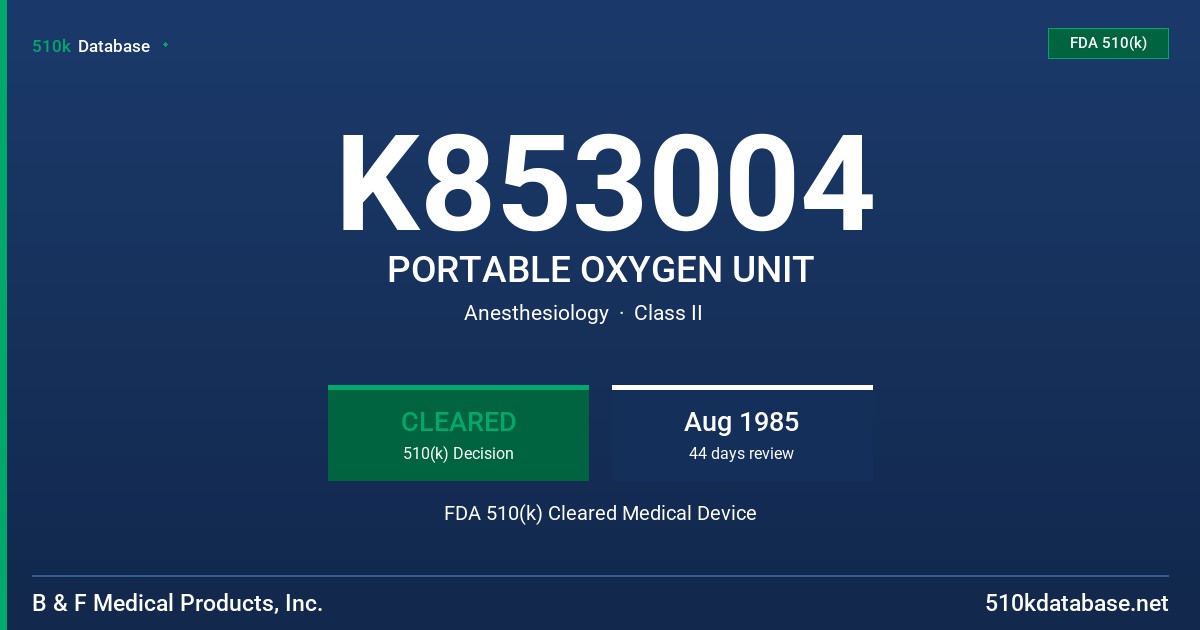K853004 PORTABLE OXYGEN UNIT FDA 510(k) Cleared Medical Device