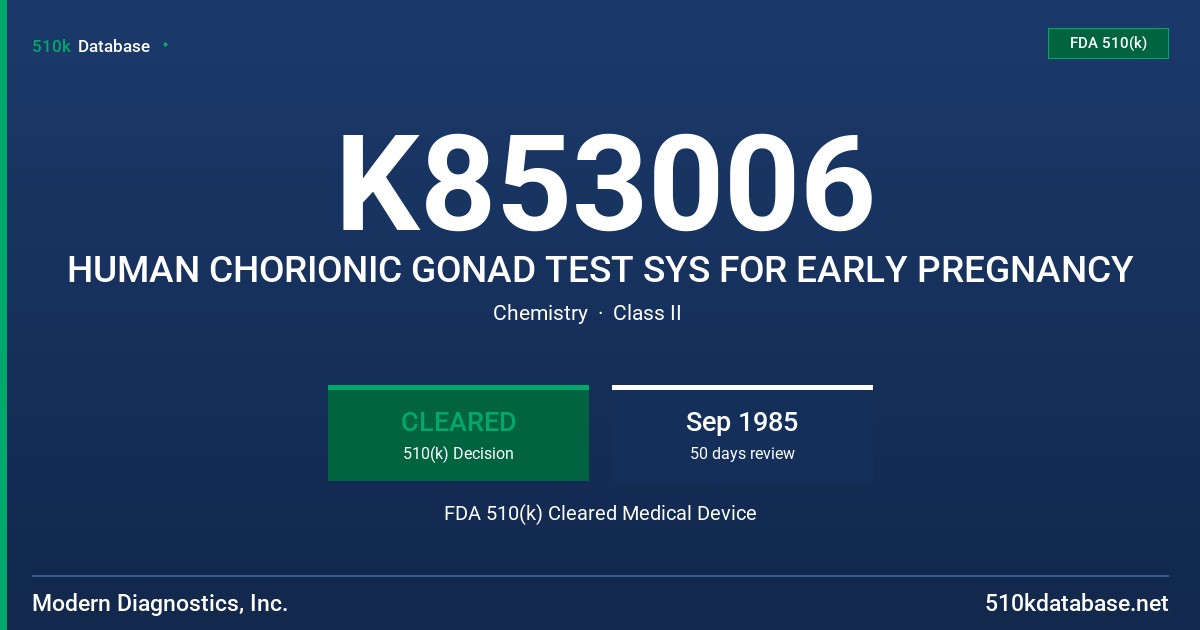 K853006 HUMAN CHORIONIC GONAD TEST SYS FOR EARLY PREGNANCY FDA 510(k) Cleared Medical Device