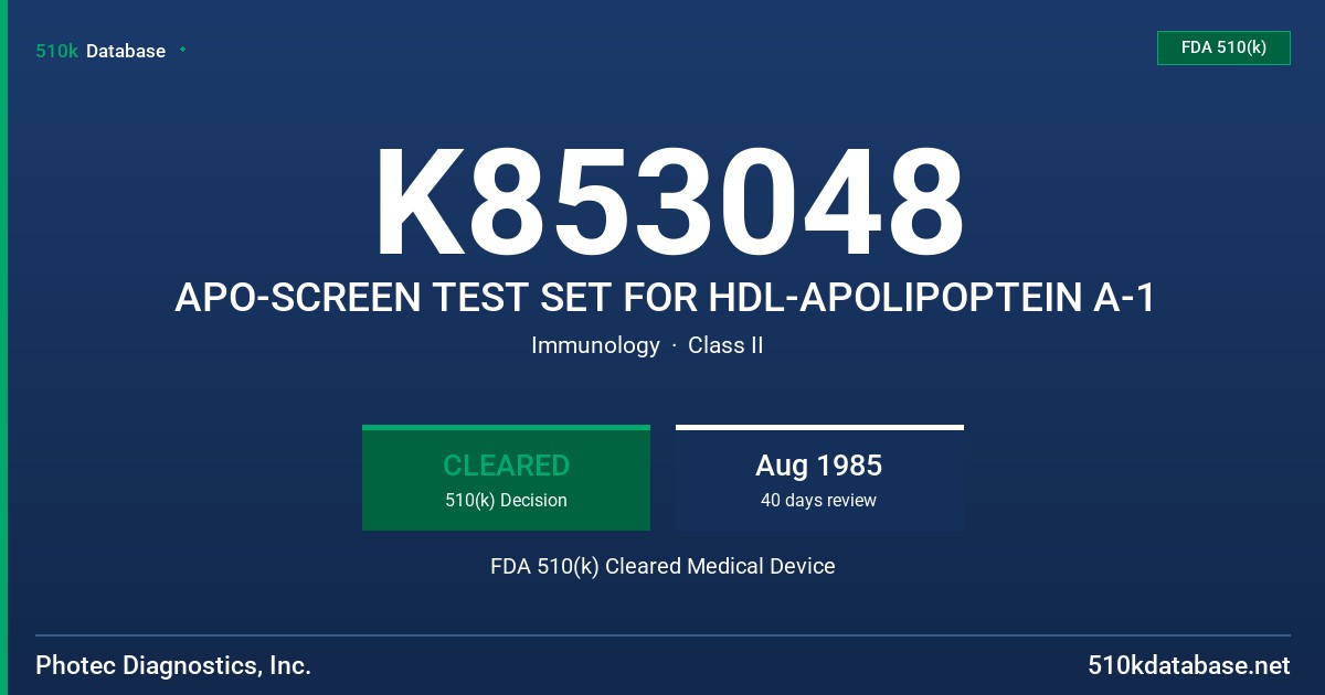 K853048 APO-SCREEN TEST SET FOR HDL-APOLIPOPTEIN A-1 FDA 510(k) Cleared Medical Device