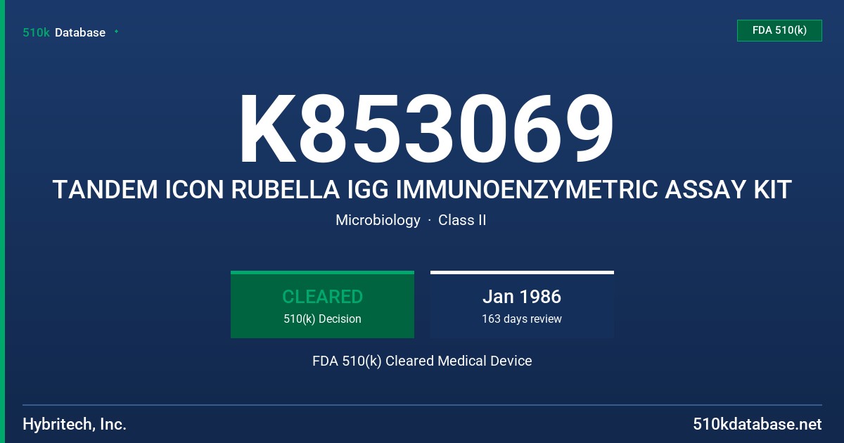 K853069 TANDEM ICON RUBELLA IGG IMMUNOENZYMETRIC ASSAY KIT FDA 510(k) Cleared Medical Device