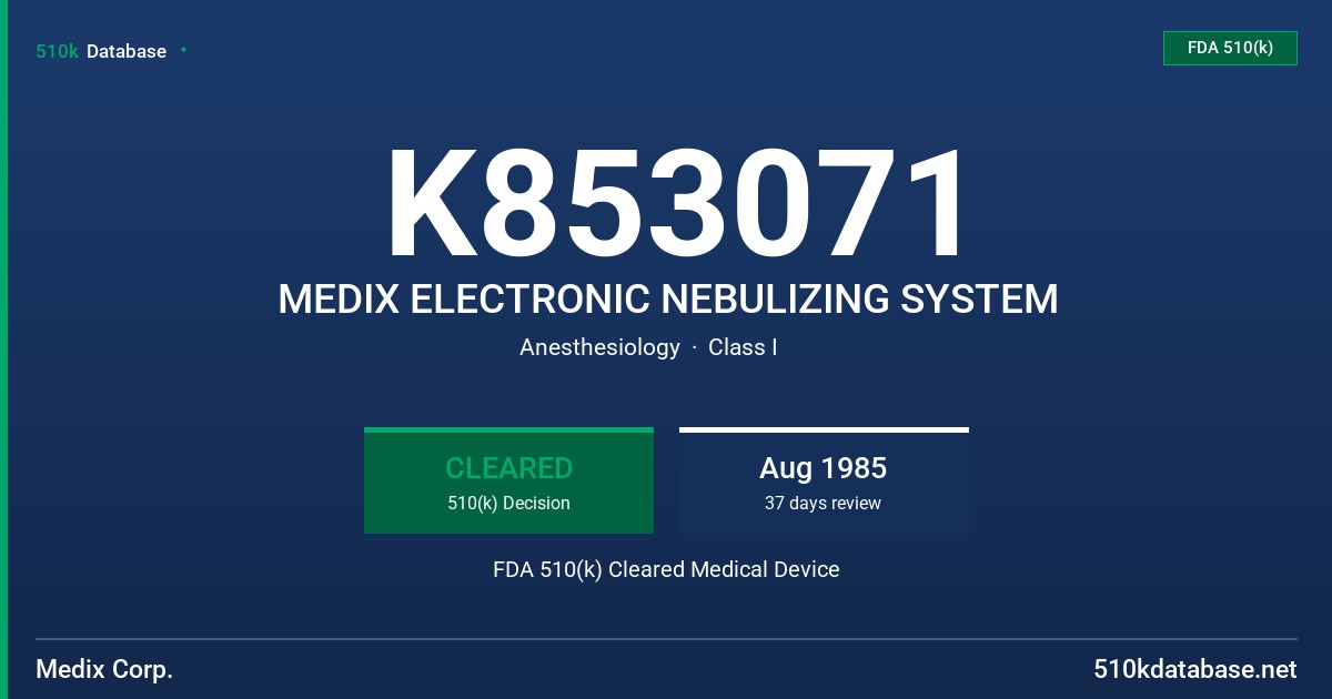 K853071 MEDIX ELECTRONIC NEBULIZING SYSTEM FDA 510(k) Cleared Medical Device
