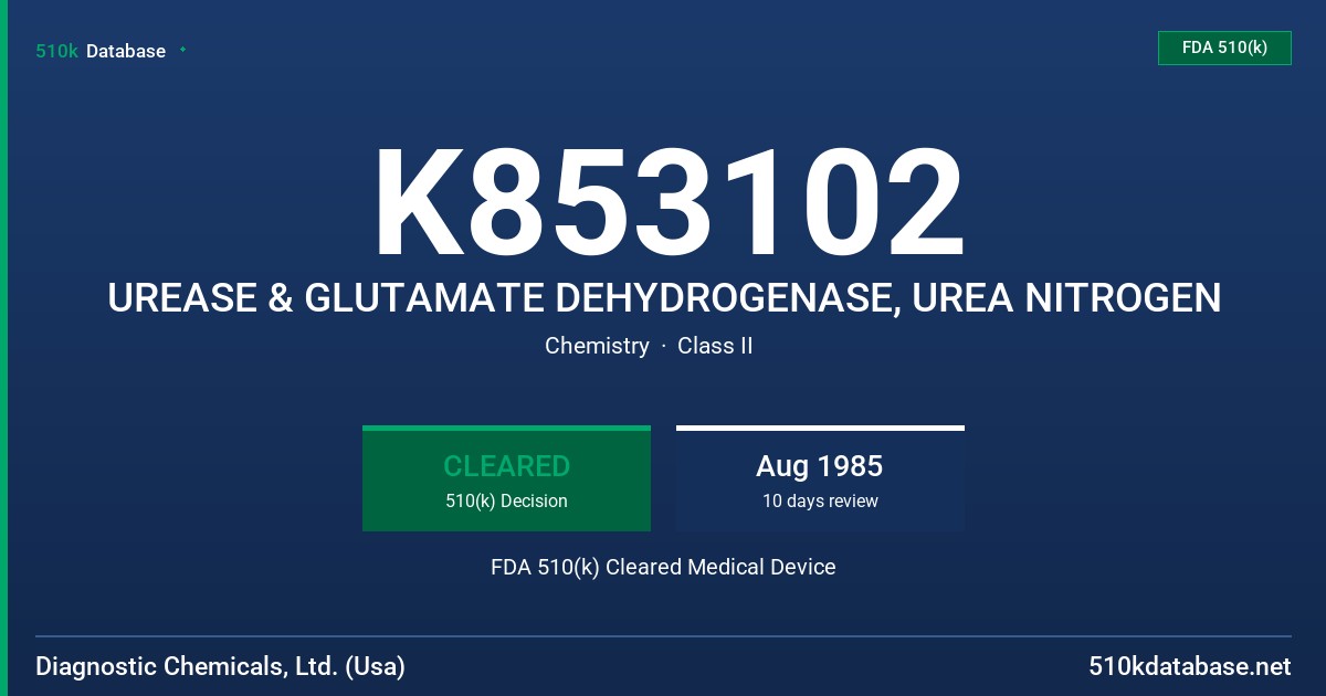 K853102 UREASE & GLUTAMATE DEHYDROGENASE, UREA NITROGEN FDA 510(k) Cleared Medical Device