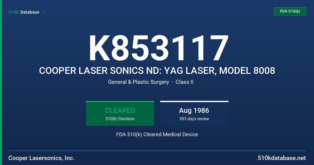 K853117 COOPER LASER SONICS ND: YAG LASER, MODEL 8008 FDA 510(k) Cleared Medical Device