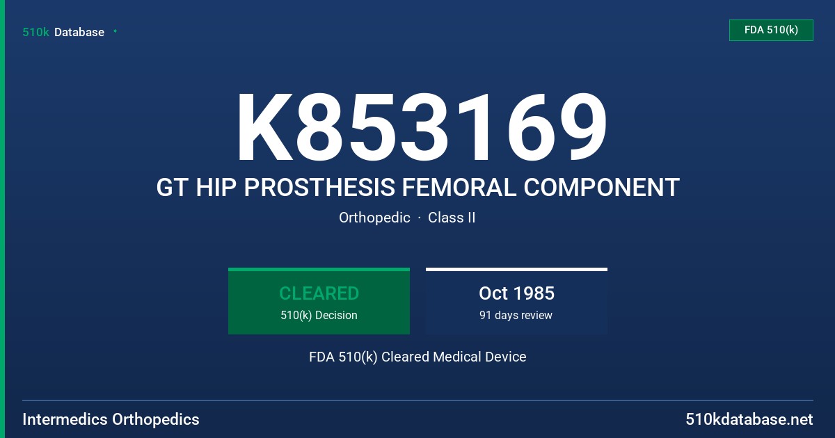 K853169 GT HIP PROSTHESIS FEMORAL COMPONENT FDA 510(k) Cleared Medical Device