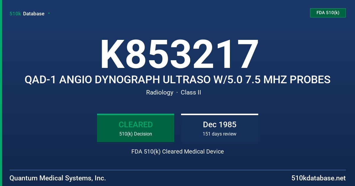 K853217 QAD-1 ANGIO DYNOGRAPH ULTRASO W/5.0 7.5 MHZ PROBES FDA 510(k) Cleared Medical Device