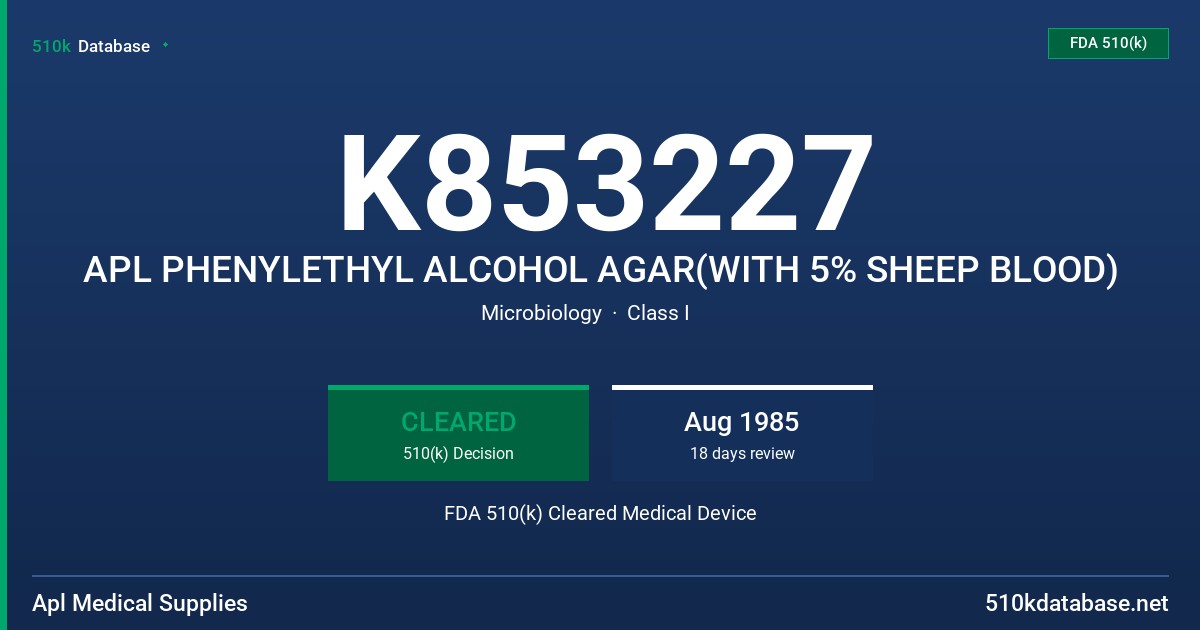 K853227 APL PHENYLETHYL ALCOHOL AGAR(WITH 5% SHEEP BLOOD) FDA 510(k) Cleared Medical Device
