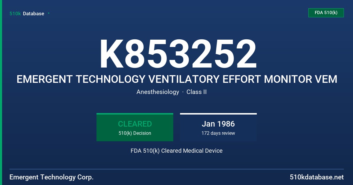 K853252 EMERGENT TECHNOLOGY VENTILATORY EFFORT MONITOR VEM FDA 510(k) Cleared Medical Device