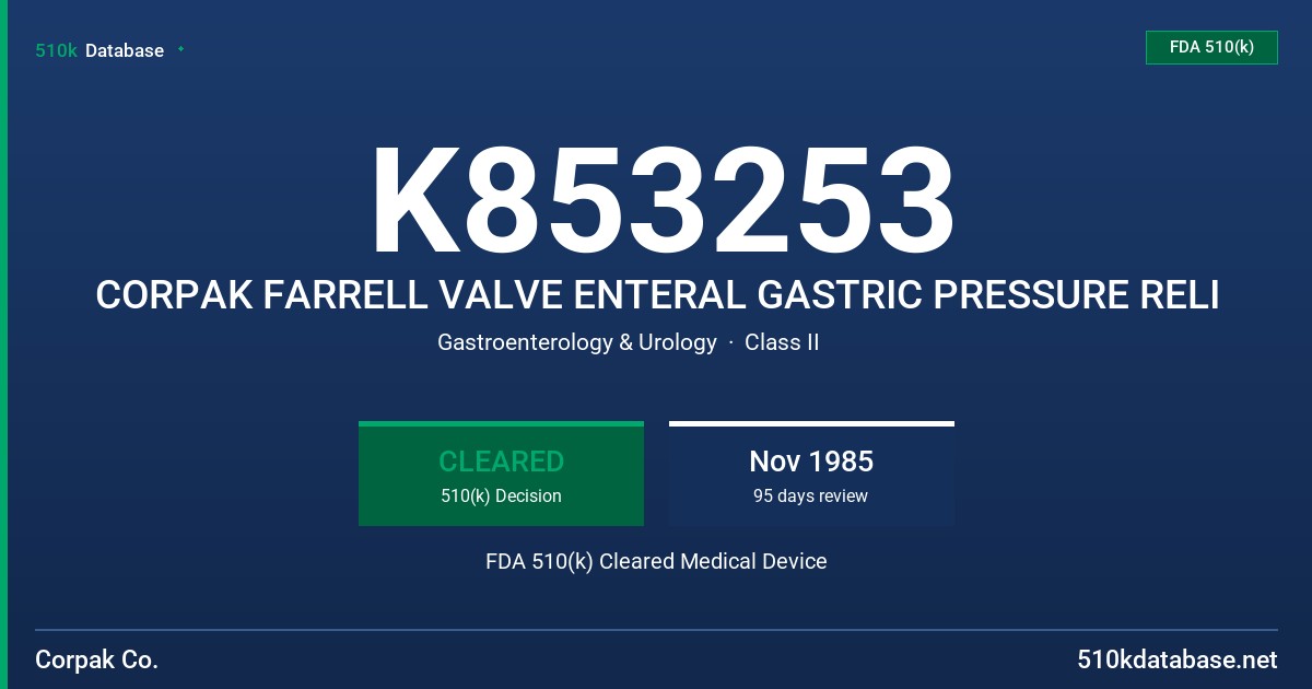 K853253 CORPAK FARRELL VALVE ENTERAL GASTRIC PRESSURE RELI FDA 510(k) Cleared Medical Device