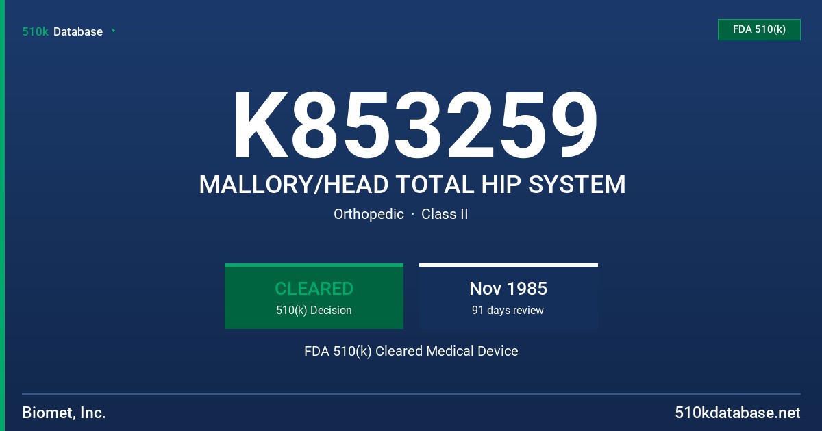 K853259 MALLORY/HEAD TOTAL HIP SYSTEM FDA 510(k) Cleared Medical Device