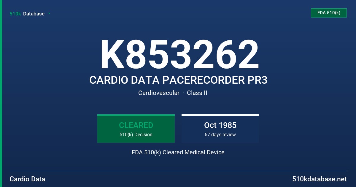 K853262 CARDIO DATA PACERECORDER PR3 FDA 510(k) Cleared Medical Device